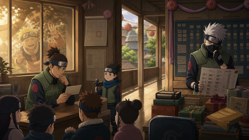 Iruka prepares an unfinished wedding message beside Konohamaru’s camera while Kakashi studies the duty roster in Naruto Shippuden Episode 494