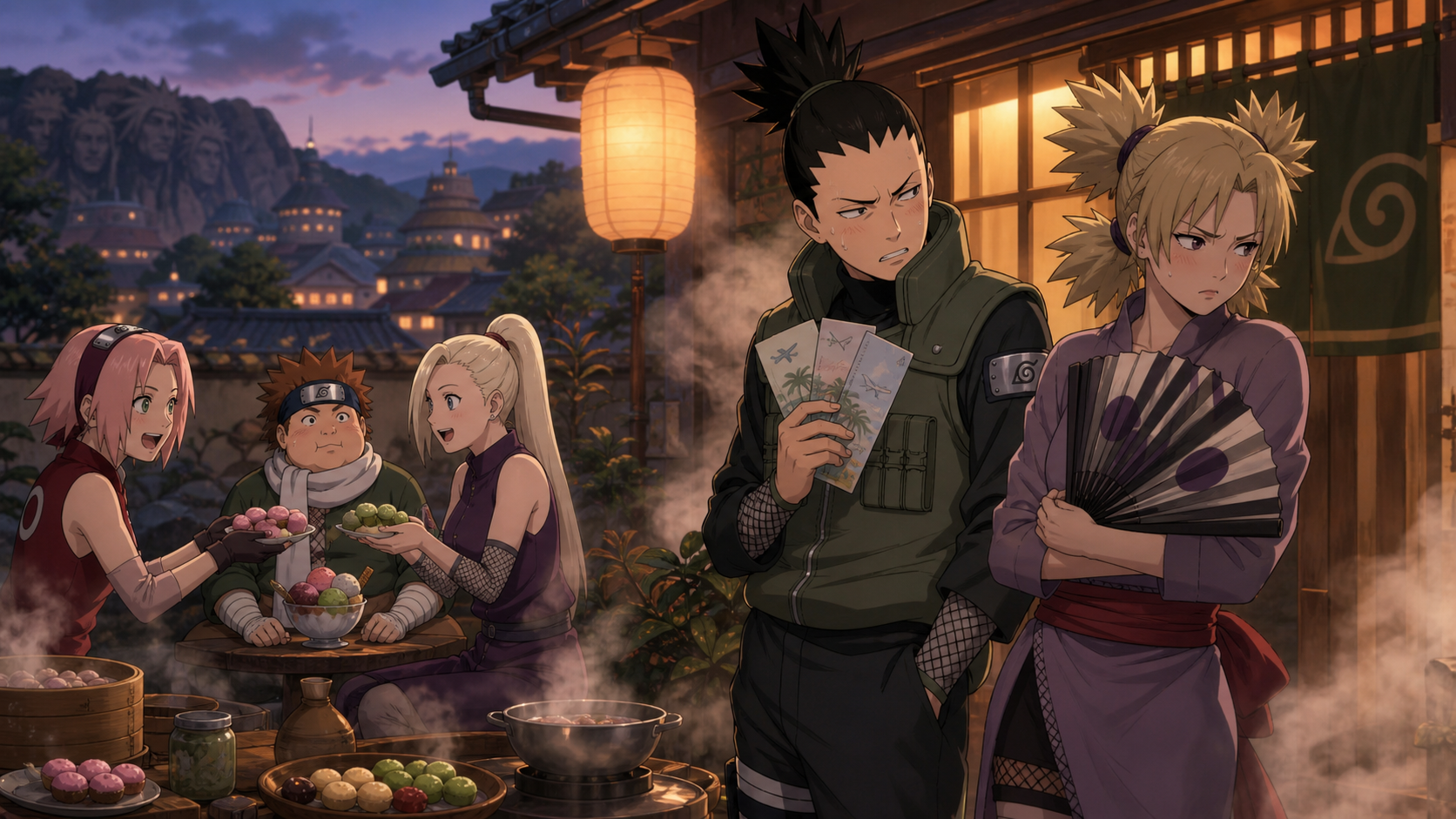 Shikamaru and Temari untangle a honeymoon misunderstanding while Sakura, Ino and Choji compare wedding food pills in Naruto Shippuden Episode 496