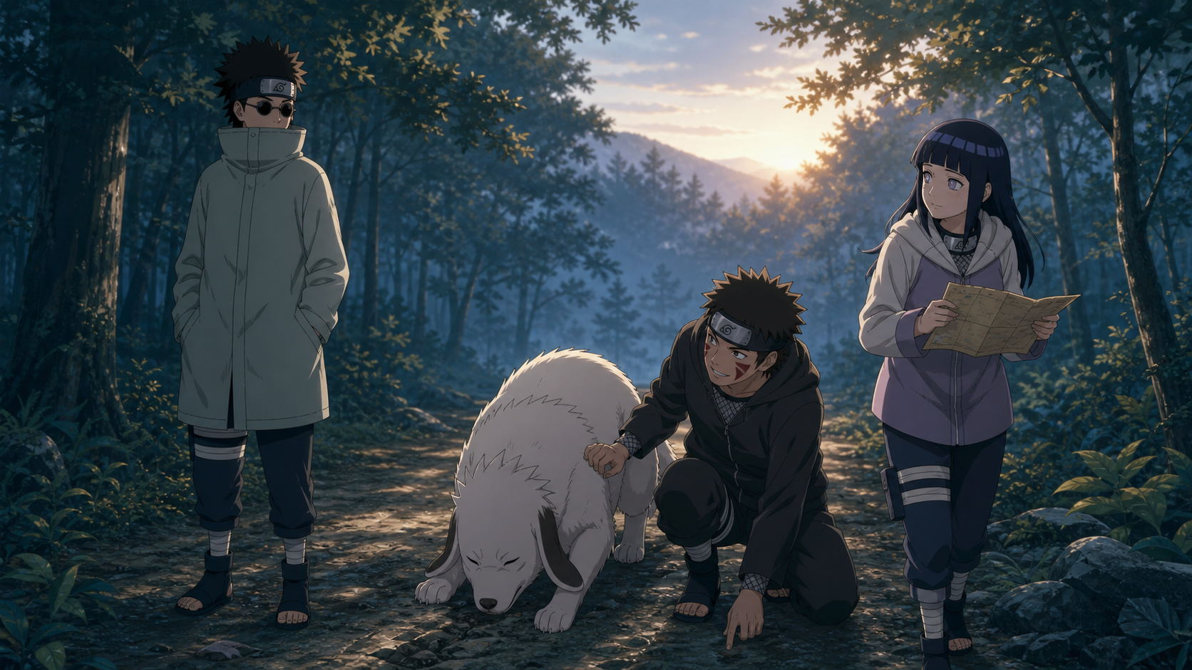 Shino reflects while Kiba, Hinata and Akamaru follow a dawn forest trail in Naruto Shippuden Episode 498