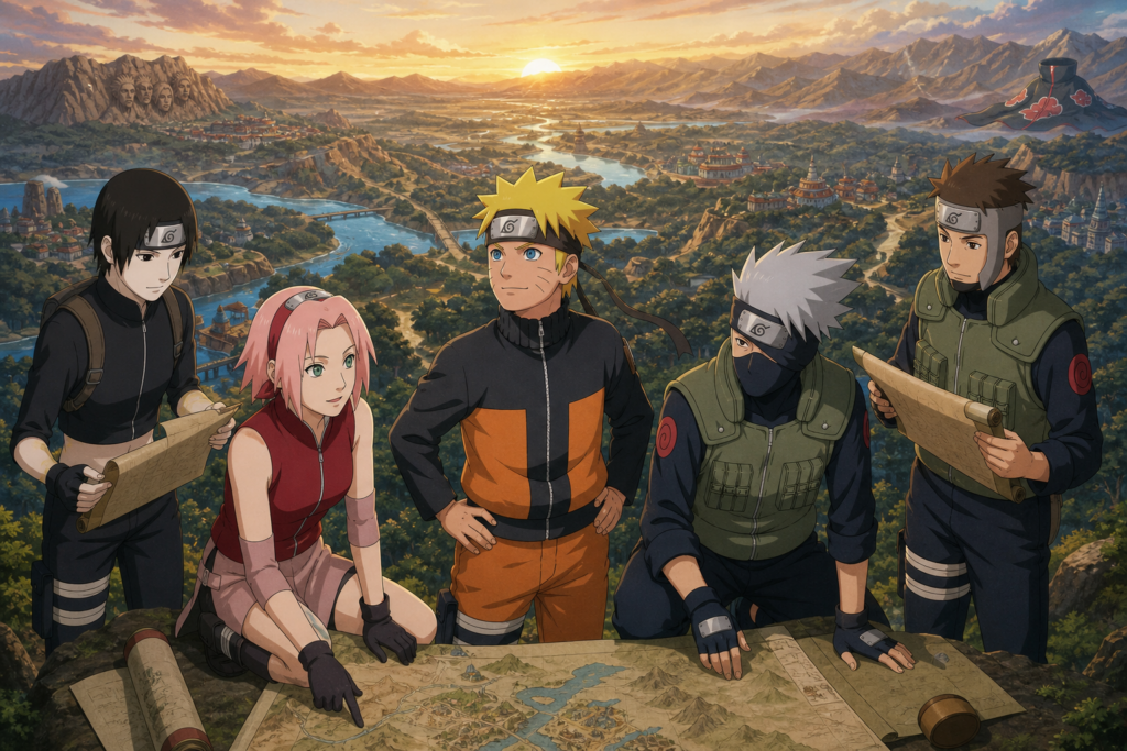 Naruto, Sakura, Sai, Kakashi and Yamato study the 500-episode Naruto Shippuden route across the ninja world