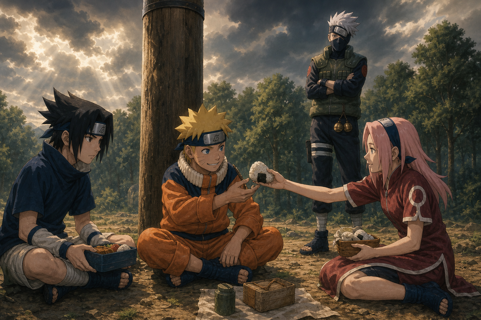 Sakura offers Naruto a rice ball while Sasuke and Naruto sit tied near the memorial posts and Kakashi watches Team 7 after the bell test