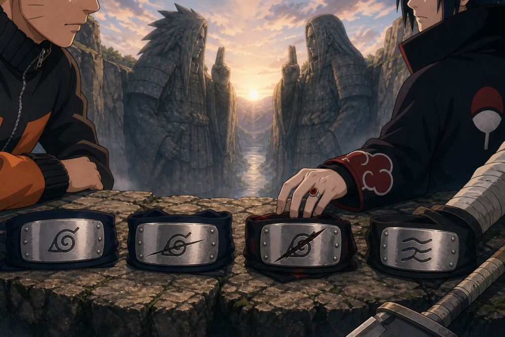 Naruto, Sasuke, Itachi and Zabuza represented by intact and slashed Leaf and Mist forehead protectors at the Valley of the End