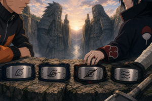 Naruto, Sasuke, Itachi and Zabuza represented by intact and slashed Leaf and Mist forehead protectors at the Valley of the End