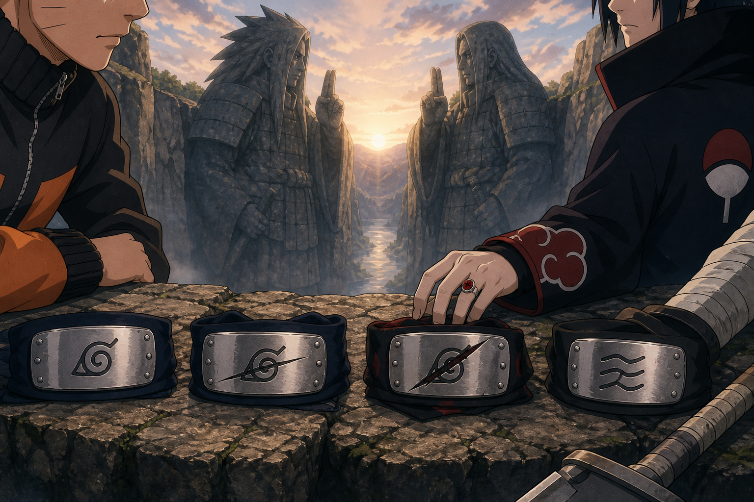 Naruto, Sasuke, Zabuza and Itachi display intact and scratched village forehead protectors