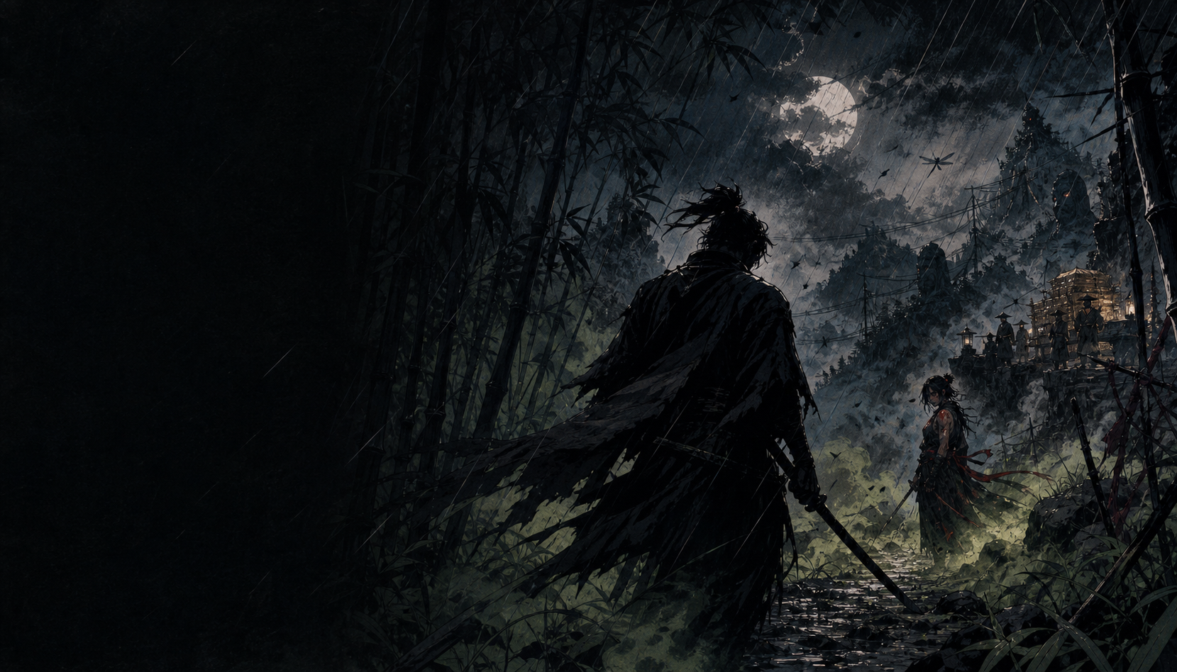 Original editorial fan art of a wandering swordsman and kunoichi crossing a storm-dark mountain road