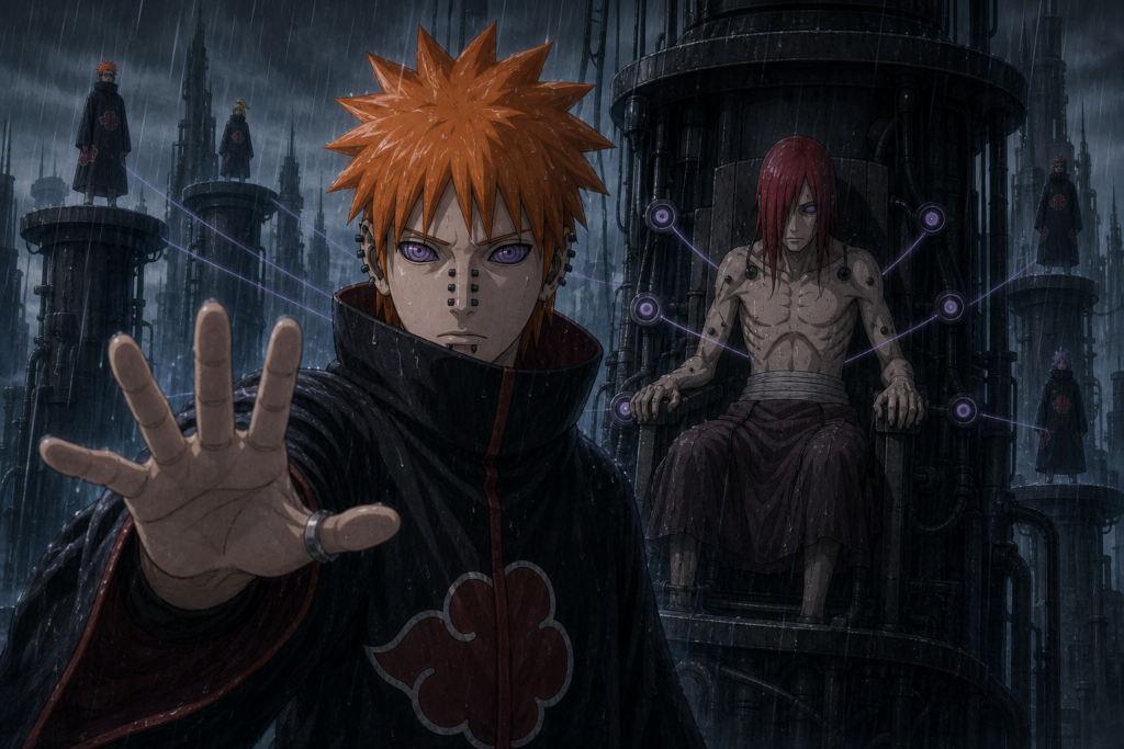 Pain’s Deva Path with Rinnegan and extended hand before Nagato controlling the Six Paths in rainy Amegakure