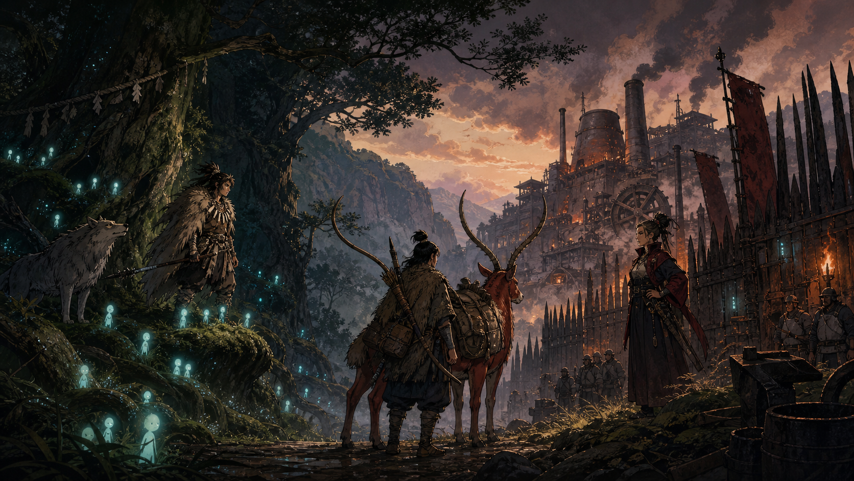 Princess Mononoke review artwork showing a forest guardian, an iron settlement, and a divided mountain landscape