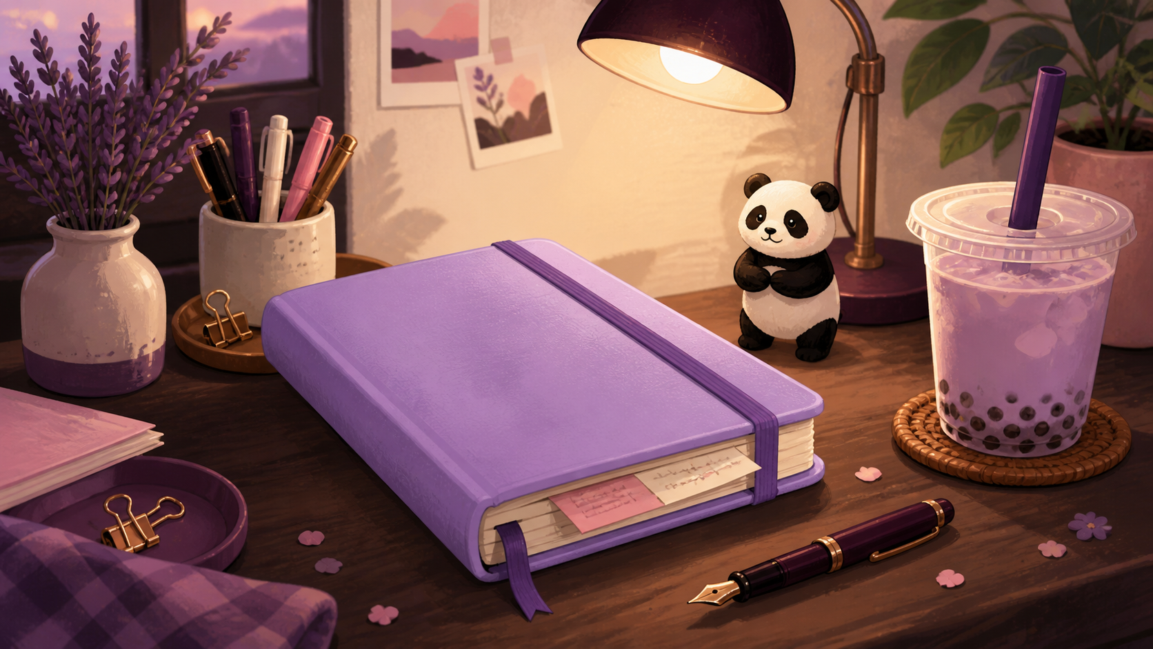 Lavender notebook, panda figurine, fountain pen, and boba on a warmly lit desk, representing privacy and careful data protection.