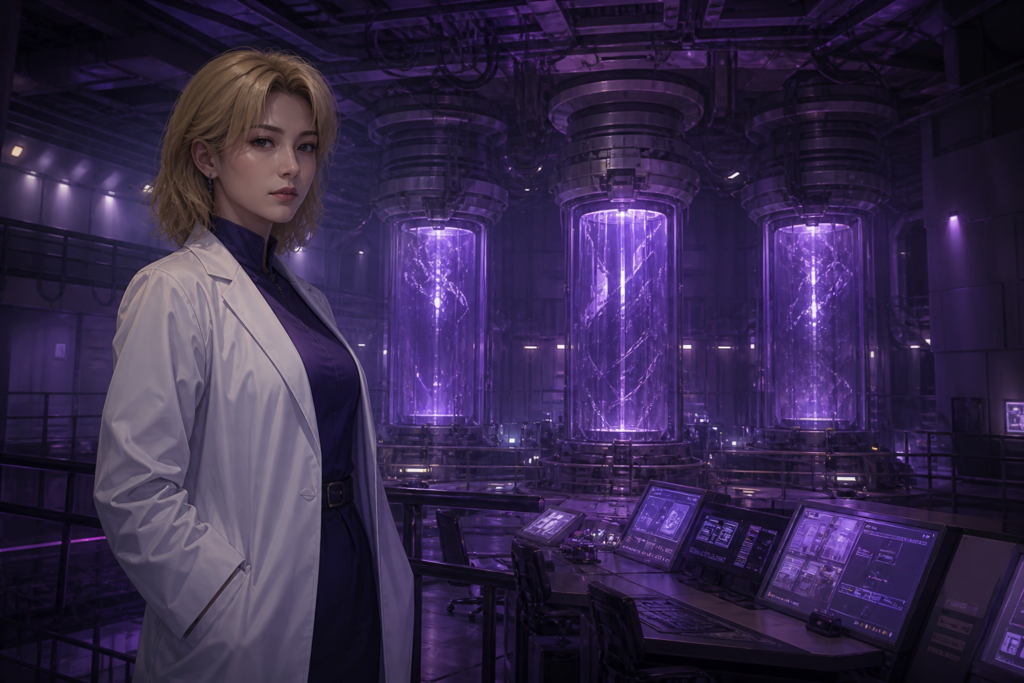 Ritsuko Akagi stands in a violet-lit supercomputer laboratory wearing a white lab coat.