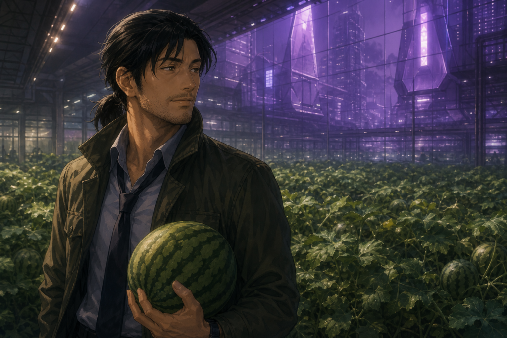 Ryoji Kaji stands in a violet-lit NERV greenhouse holding a watermelon.