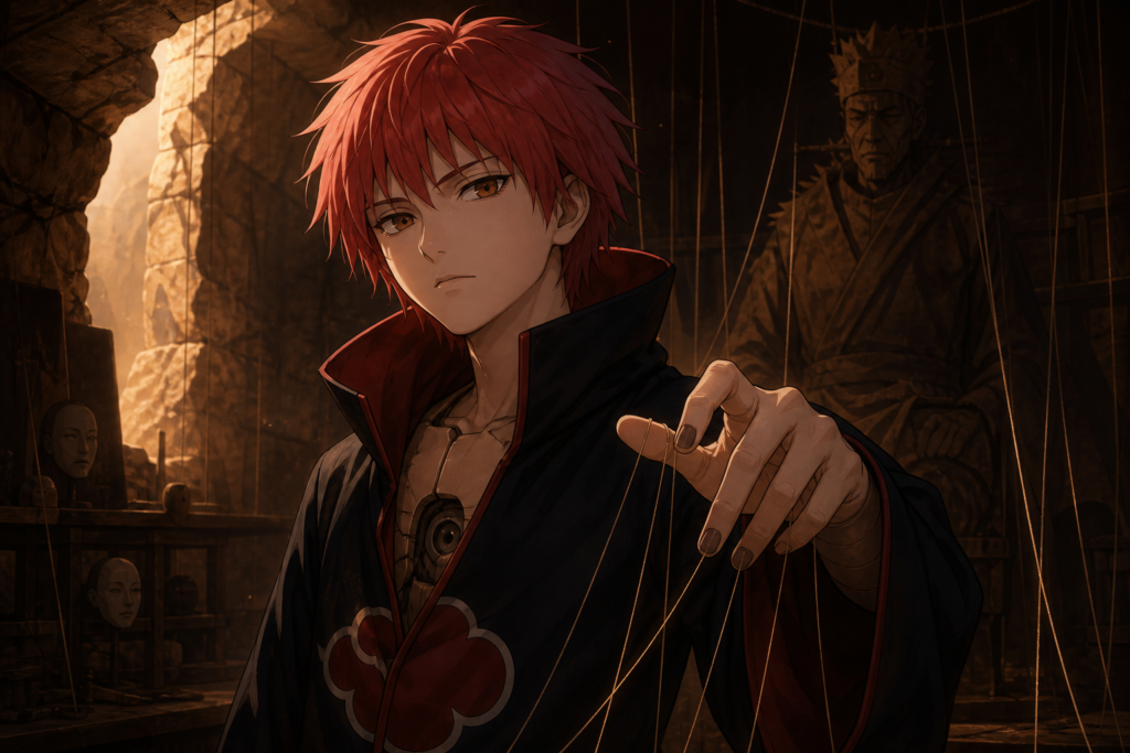 Sasori with red hair, Akatsuki cloak, puppet strings and the Third Kazekage puppet in a desert workshop