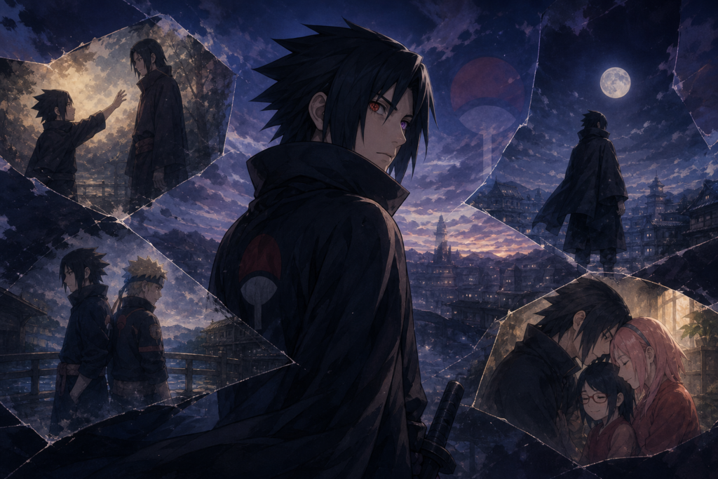 Adult Sasuke Uchiha surrounded by memories of Itachi, Naruto, leaving Konoha, and his family