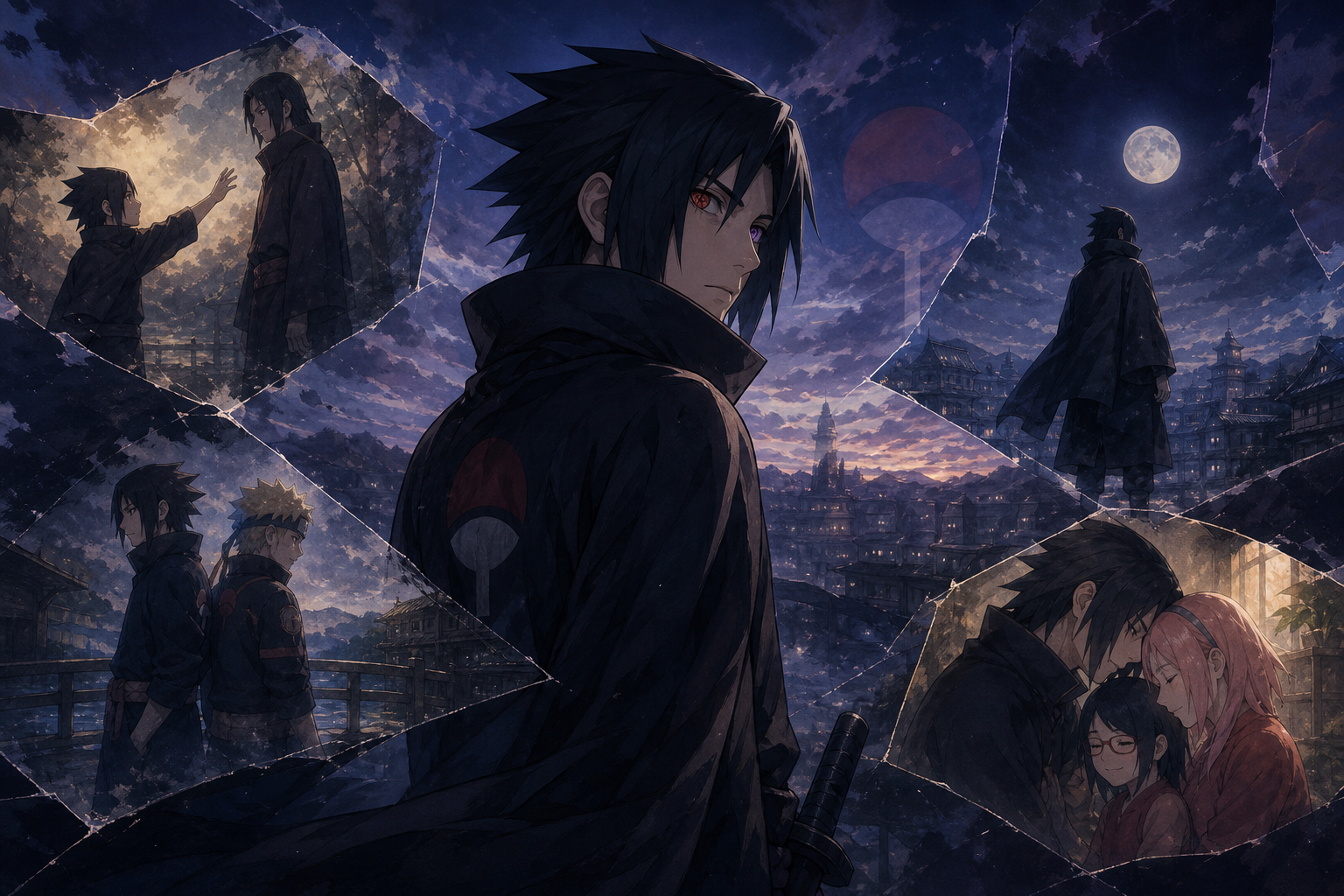 Adult Sasuke Uchiha surrounded by memories of Itachi, Naruto, leaving Konoha, and his family