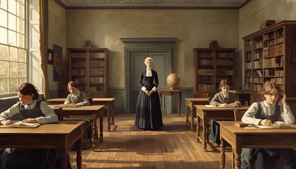Original fan art of a Regency schoolroom for young ladies with a headmistress at the front