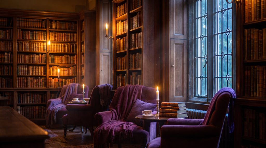 A candlelit Victorian library of leather bound novels, hero image for the traditional novel shelf