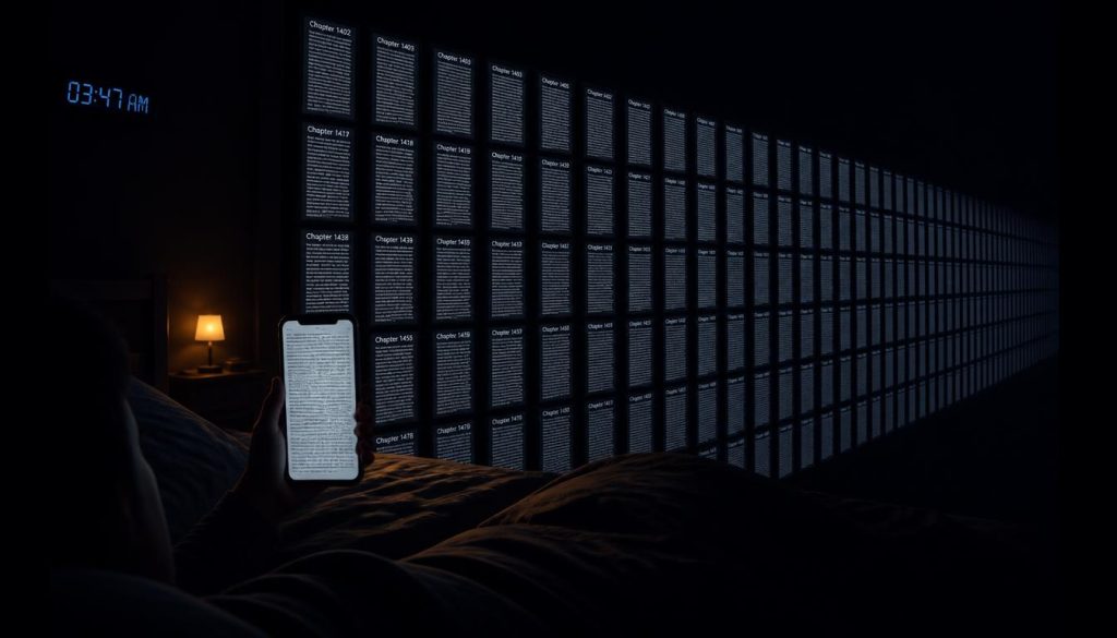 A phone in a dark bedroom at 3.47am against a wall of glowing chapter panels