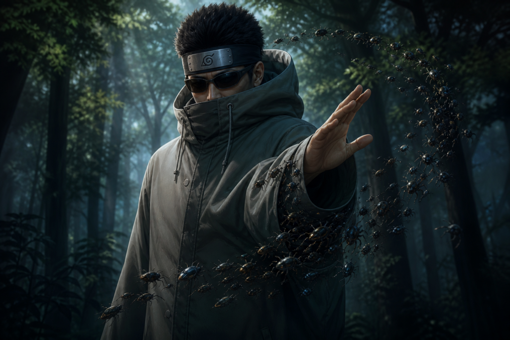 Shibi Aburame directs a controlled kikaichū swarm through a shaded Konoha forest