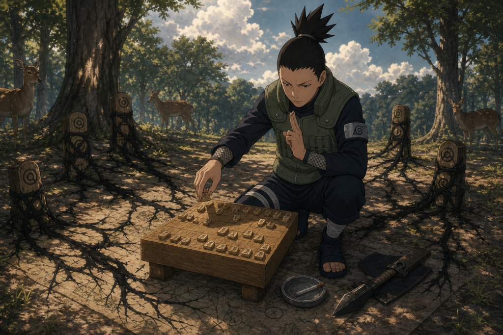 Shikamaru Nara plays shogi while using Shadow Possession in the Nara clan deer forest