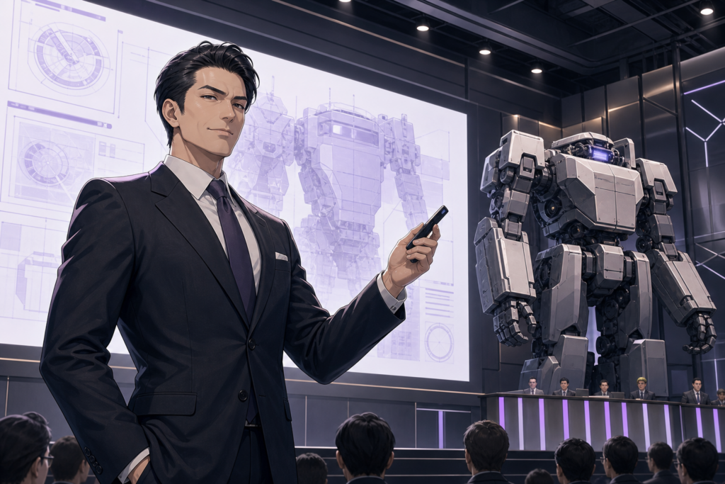Shiro Tokita presents a pilotless industrial robot at a near-future engineering conference.