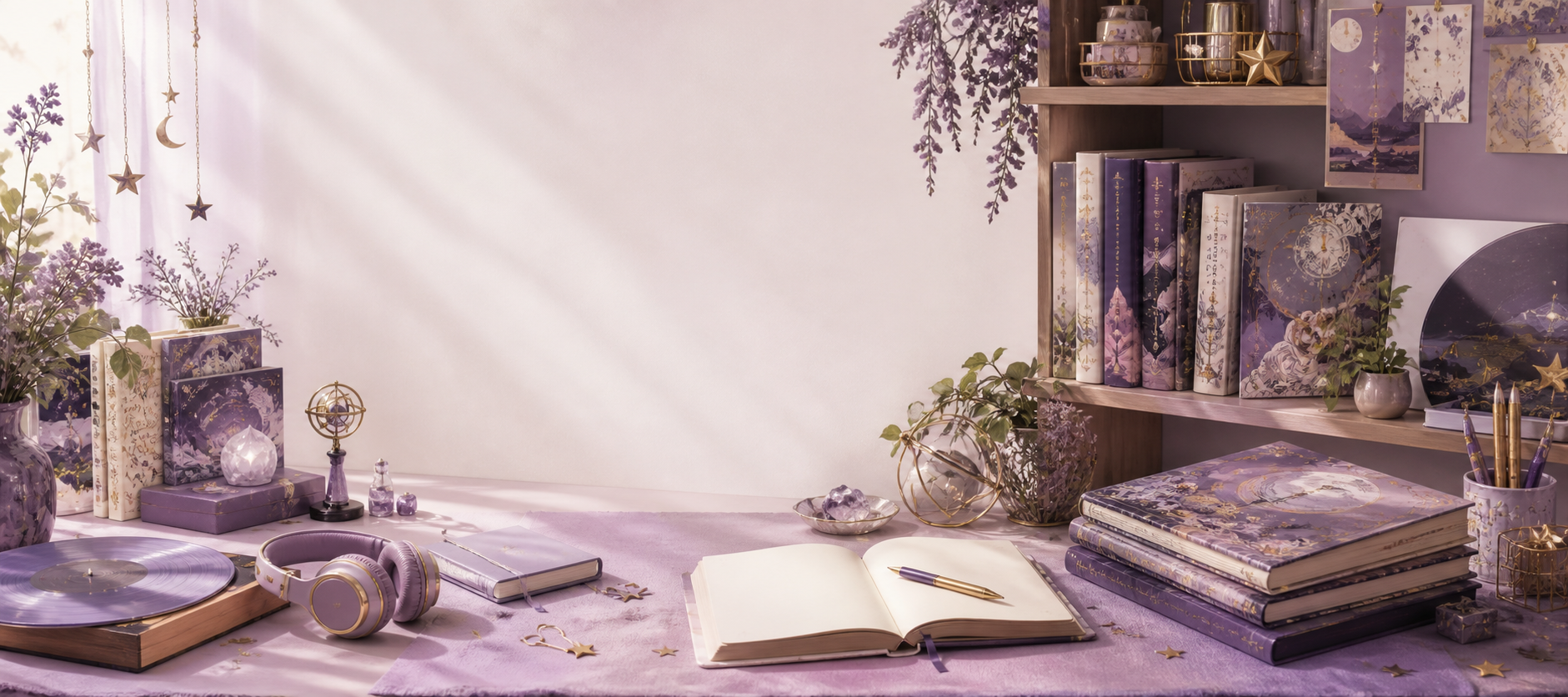 Lavender CVM Sekai shop display with books, journals, music, and creative goods
