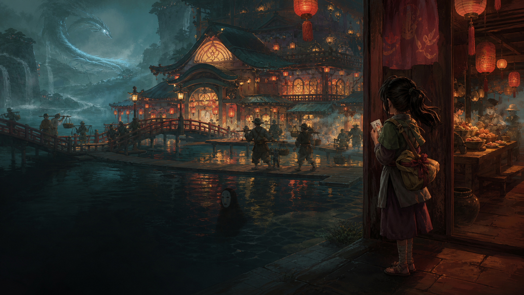 Original editorial fan art of a young traveler standing at the lantern-lit threshold of a spirit bathhouse
