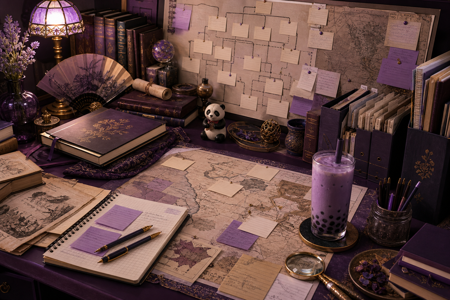 Plum reference desk with maps, family-tree notes, mythology books, boba, and a panda figurine for Story World 101