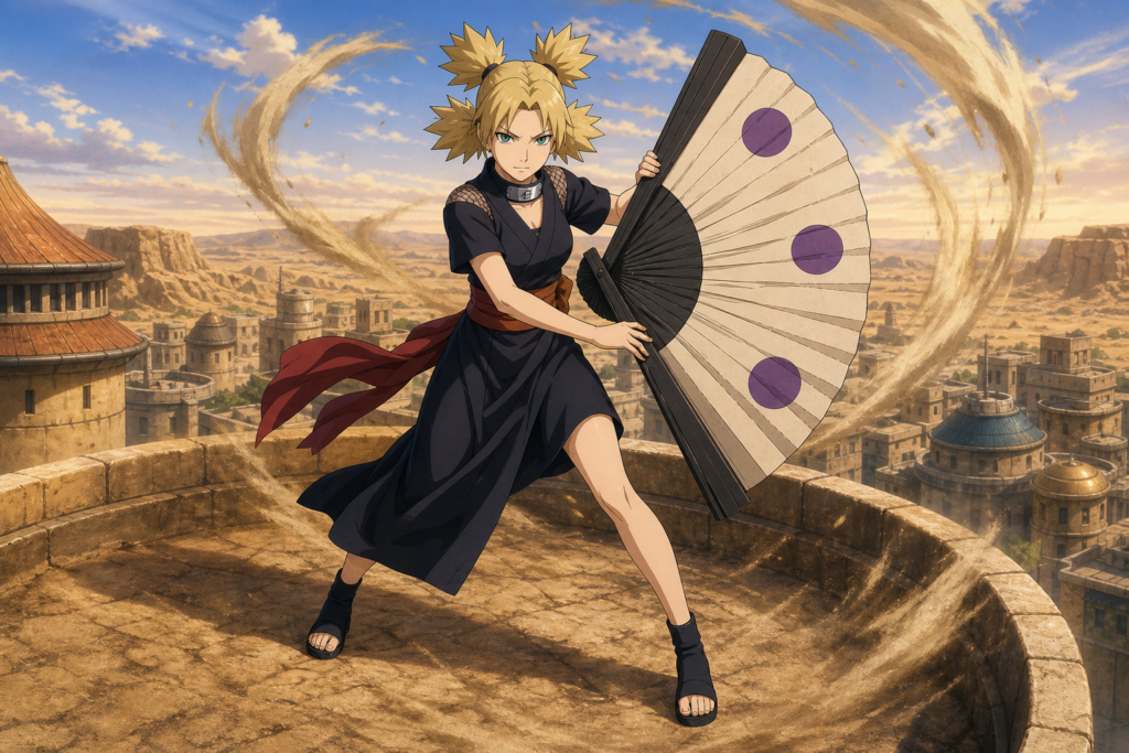Temari bracing her giant iron fan as desert wind curls across a Sunagakure rooftop