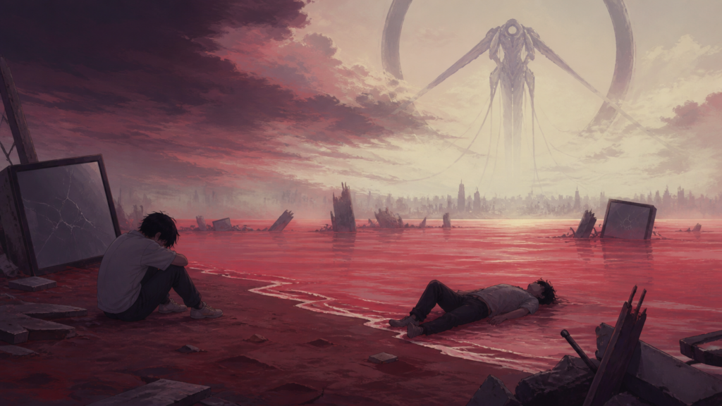 The End of Evangelion review artwork showing a lone pilot beneath a vast broken red sky and biomechanical silhouette