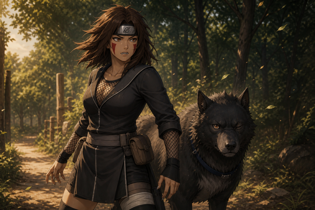 Tsume Inuzuka stands with Kuromaru on a sunlit Konoha forest training path