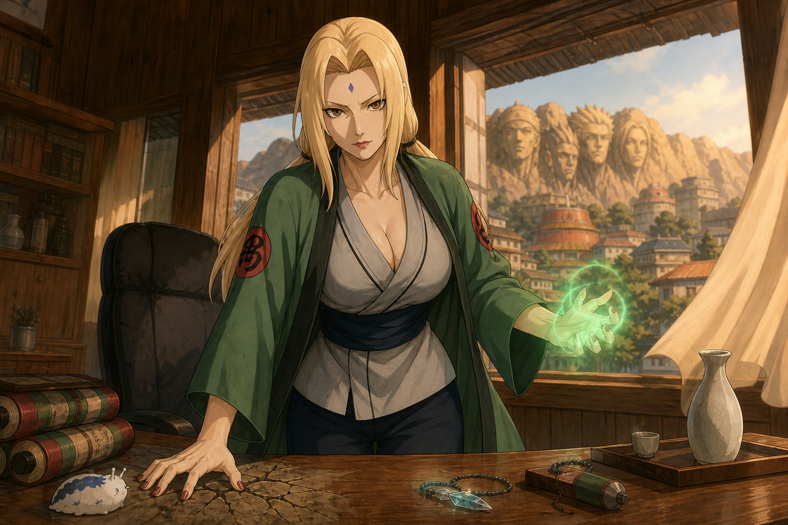 Tsunade stands in the Hokage office using medical chakra with the Hidden Leaf village behind her
