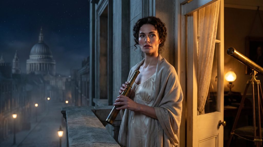Original fan art of Lady Felicity Melville on her balcony at night with a spyglass