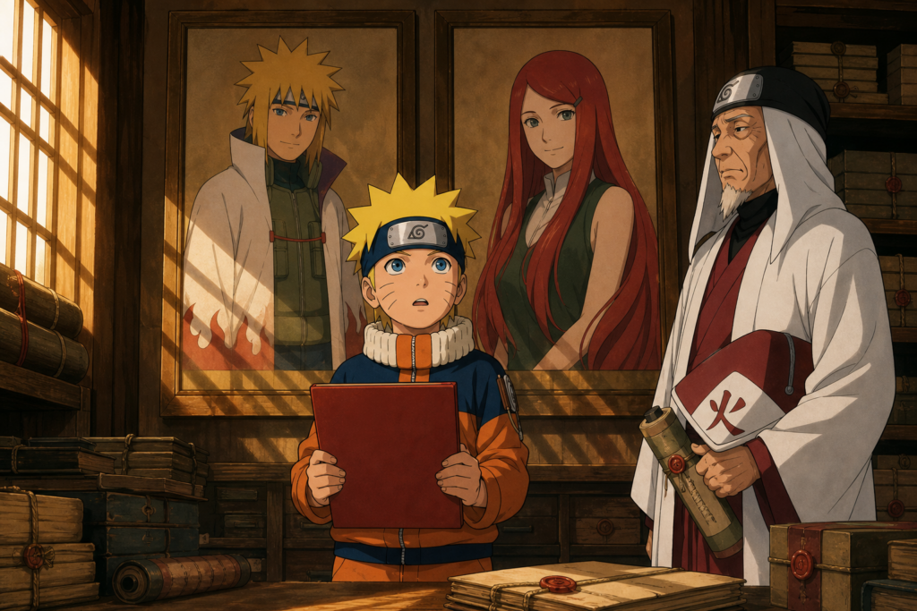 Young Naruto holds a sealed family file beneath portraits of Minato and Kushina while Hiruzen watches