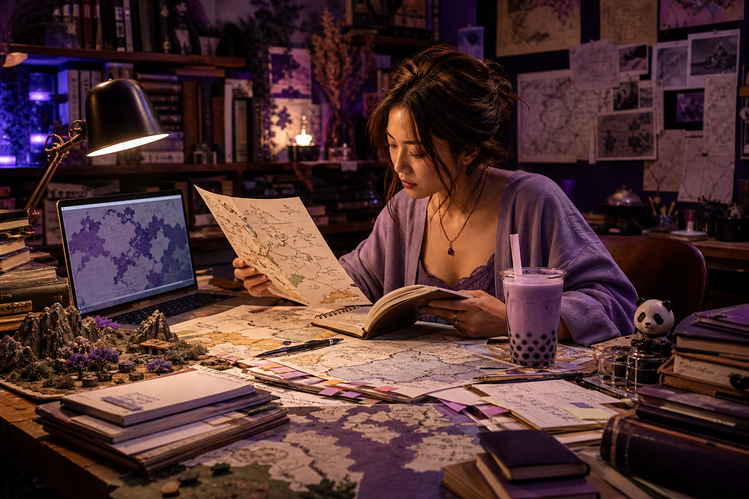 RaeRae researching maps, lore, cultural systems, and story notes with lavender boba in the Worldbuilding Lab