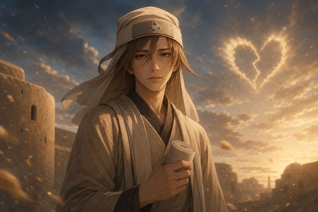 Yashamaru carries medical bandages beside young Gaara in a Sunagakure courtyard