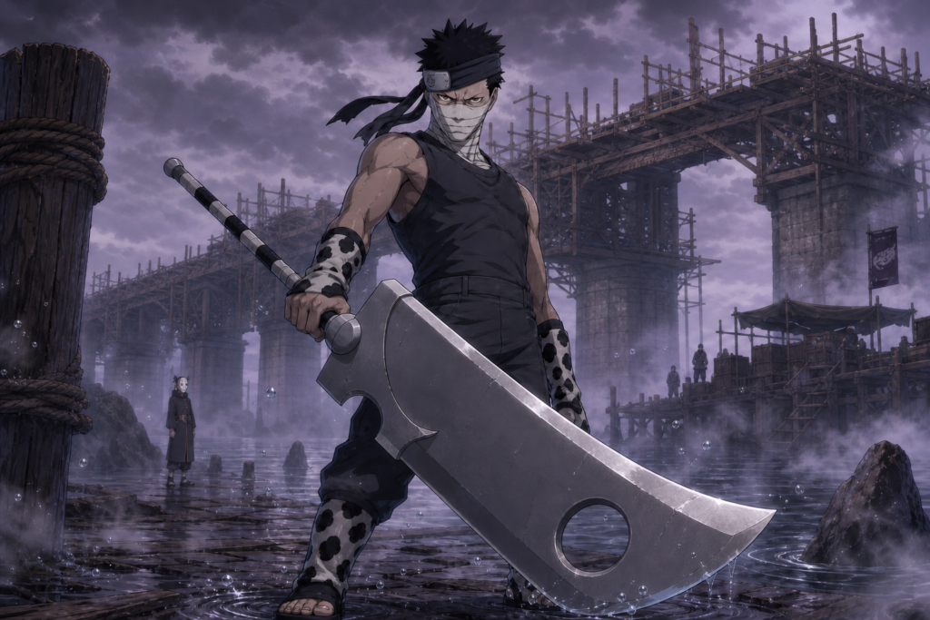 Zabuza Momochi stands with the Kubikiribōchō on the unfinished Great Naruto Bridge as coastal mist gathers and Haku watches in the distance