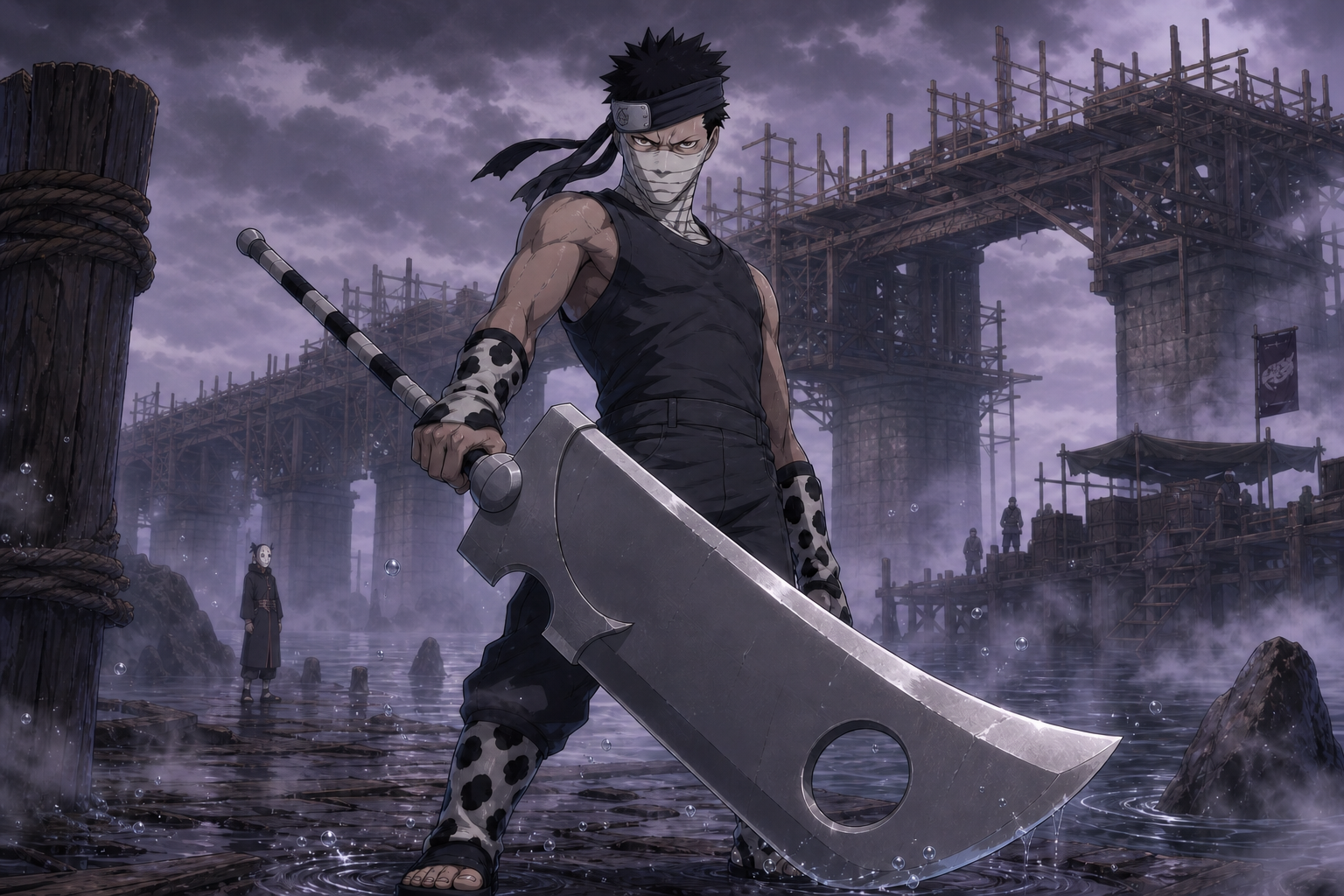 Zabuza Momochi stands with the Kubikiribōchō on the unfinished Great Naruto Bridge as coastal mist gathers and Haku watches in the distance