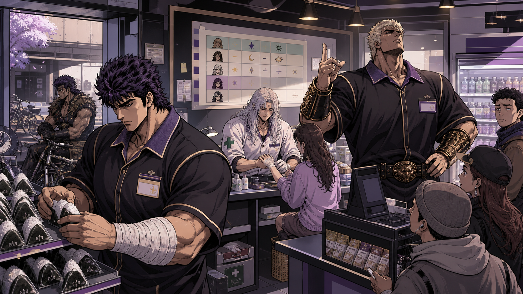 Kenshiro, Toki, and Raoh work inside a modern convenience store