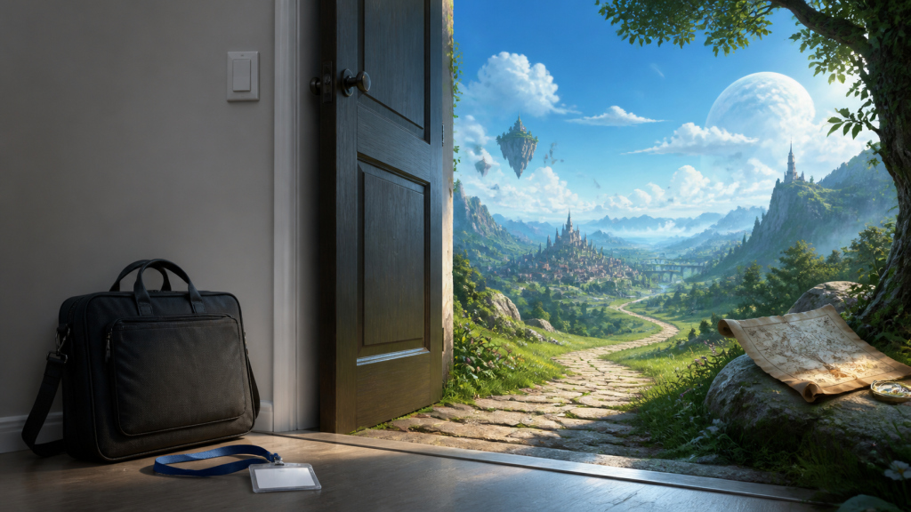 Office bag beside an open doorway into a fantasy world, illustrating isekai