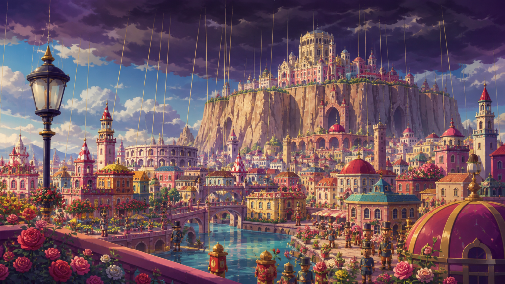 A bright flower city lies beneath ominous puppet strings descending from storm clouds