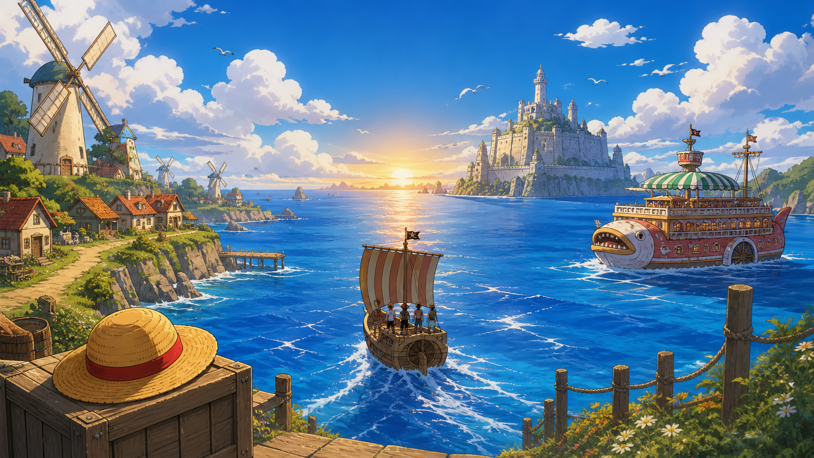 A small pirate ship leaves the islands of East Blue at sunrise