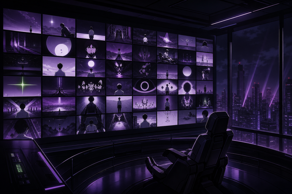 An empty pilot chair facing a wall of illuminated psychological science-fiction storyboards