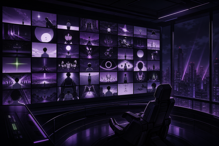 An empty pilot chair facing a wall of illuminated psychological science-fiction storyboards