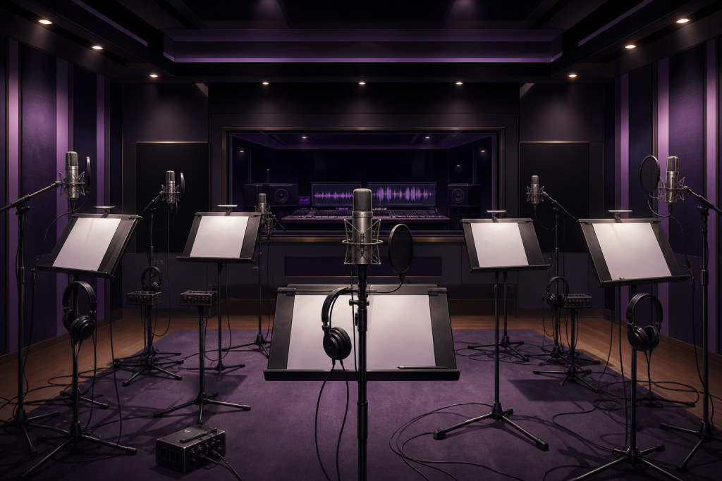 An empty Japanese ensemble recording studio with microphones, headphones, and blank music stands