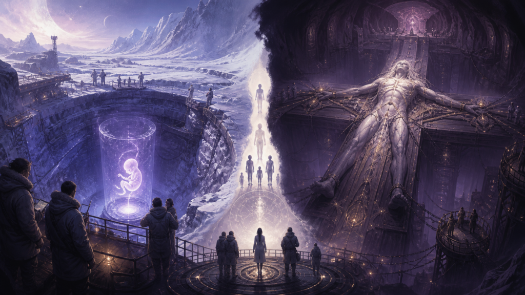 An arctic embryonic entity contrasted with a pale giant restrained underground
