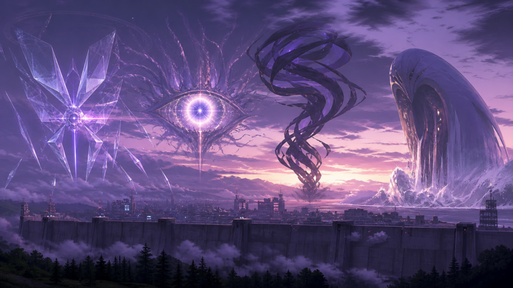 A lineup of distinct abstract Angel forms approaching a fortified city