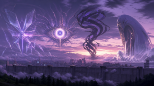 A lineup of distinct abstract Angel forms approaching a fortified city