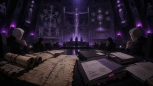 Ancient scroll fragments studied beside SEELE planning screens and a branching apocalypse timeline