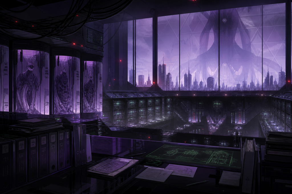A subterranean science-fiction command archive with sealed chambers and a colossal silhouette behind glass