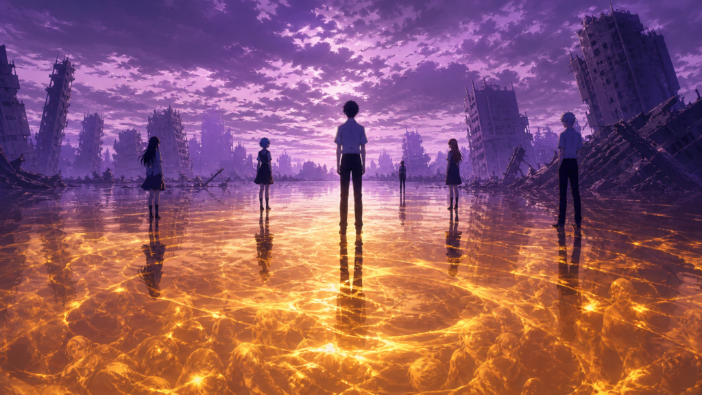 Human silhouettes dissolving into shared light during Evangelion's Human Instrumentality Project