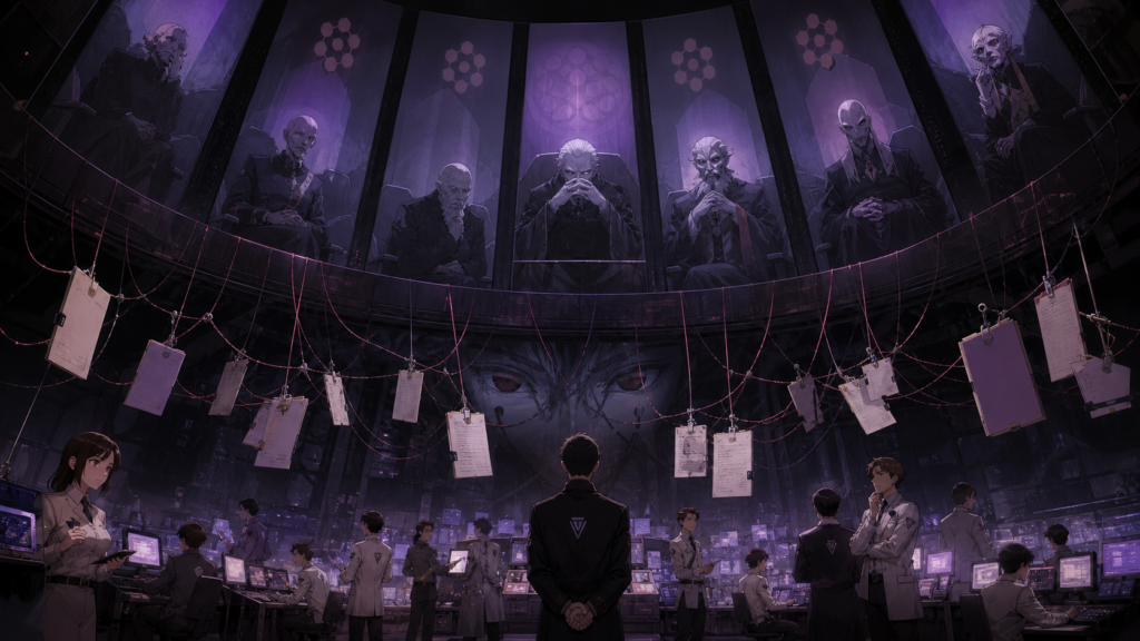 NERV command staff watched by SEELE monoliths over an apocalyptic operations map